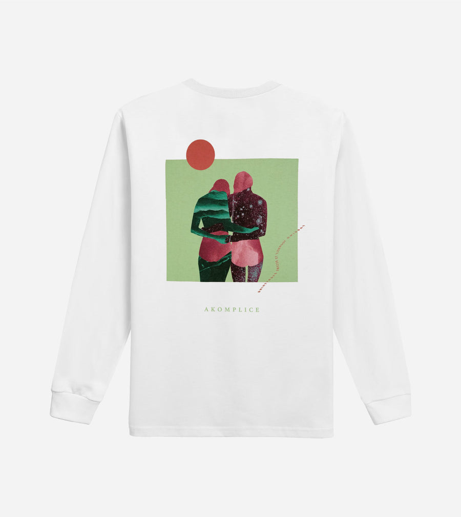 White sweatshirt with a graphic of two people hugging on a green background, displayed on a white background.