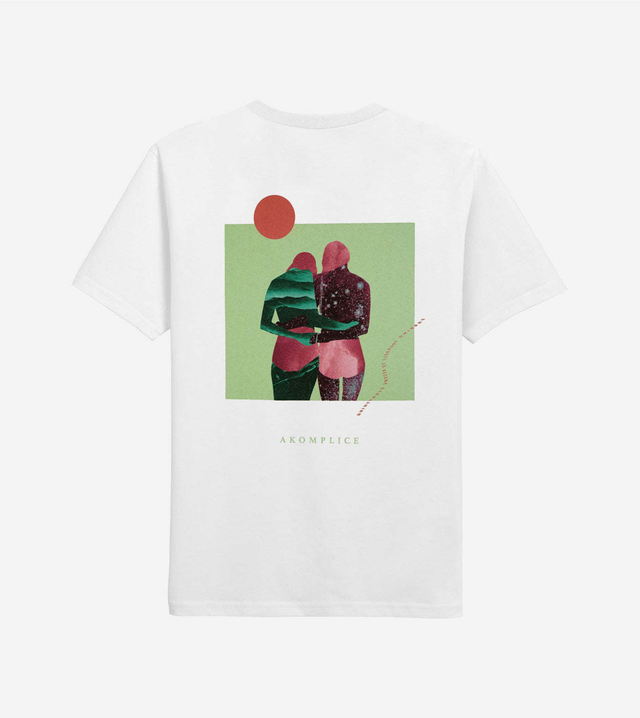 White t-shirt with a graphic design of two people embracing on a green background, brand 'Krompech' visible.