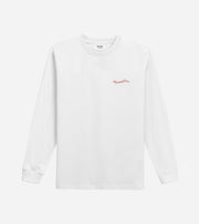 White long-sleeve shirt with red logo on a light gray background