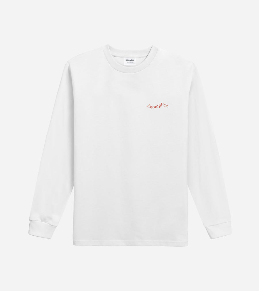 White long-sleeve shirt with red logo on a light gray background