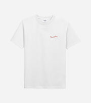 White t-shirt with a red logo on a white background