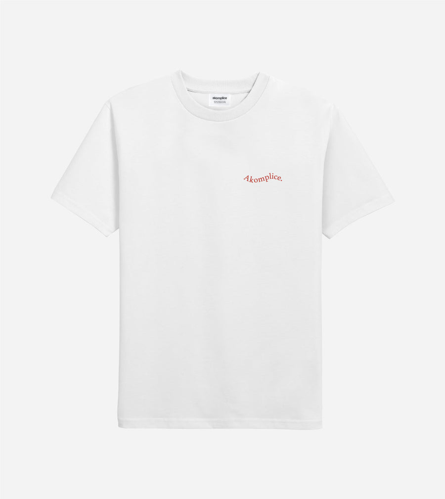 White t-shirt with a red logo on a white background