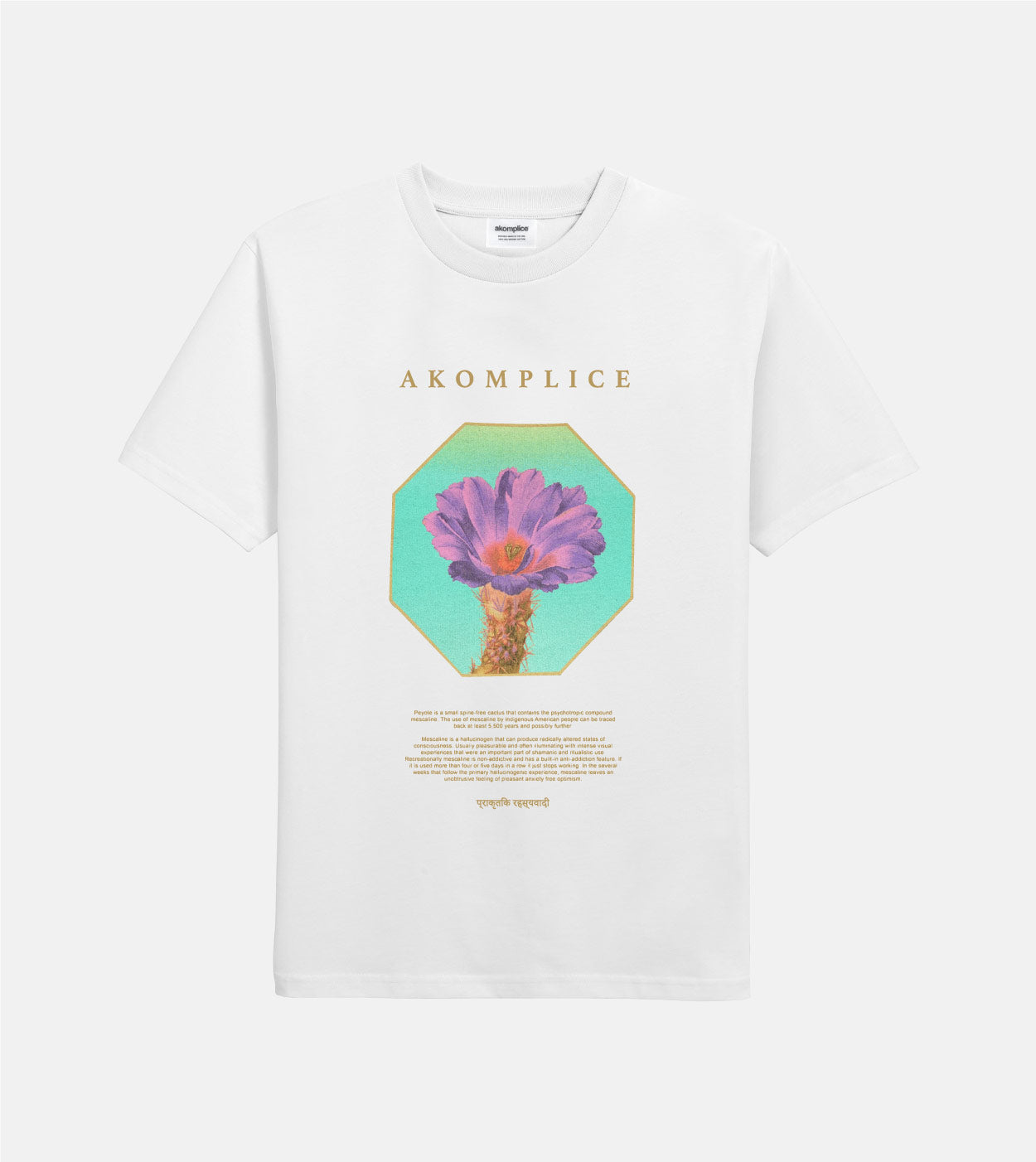White t-shirt with a colorful cactus graphic and 'Akomplice' branding on a white background