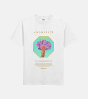 White t-shirt with a colorful cactus graphic and 'Akomplice' branding on a white background