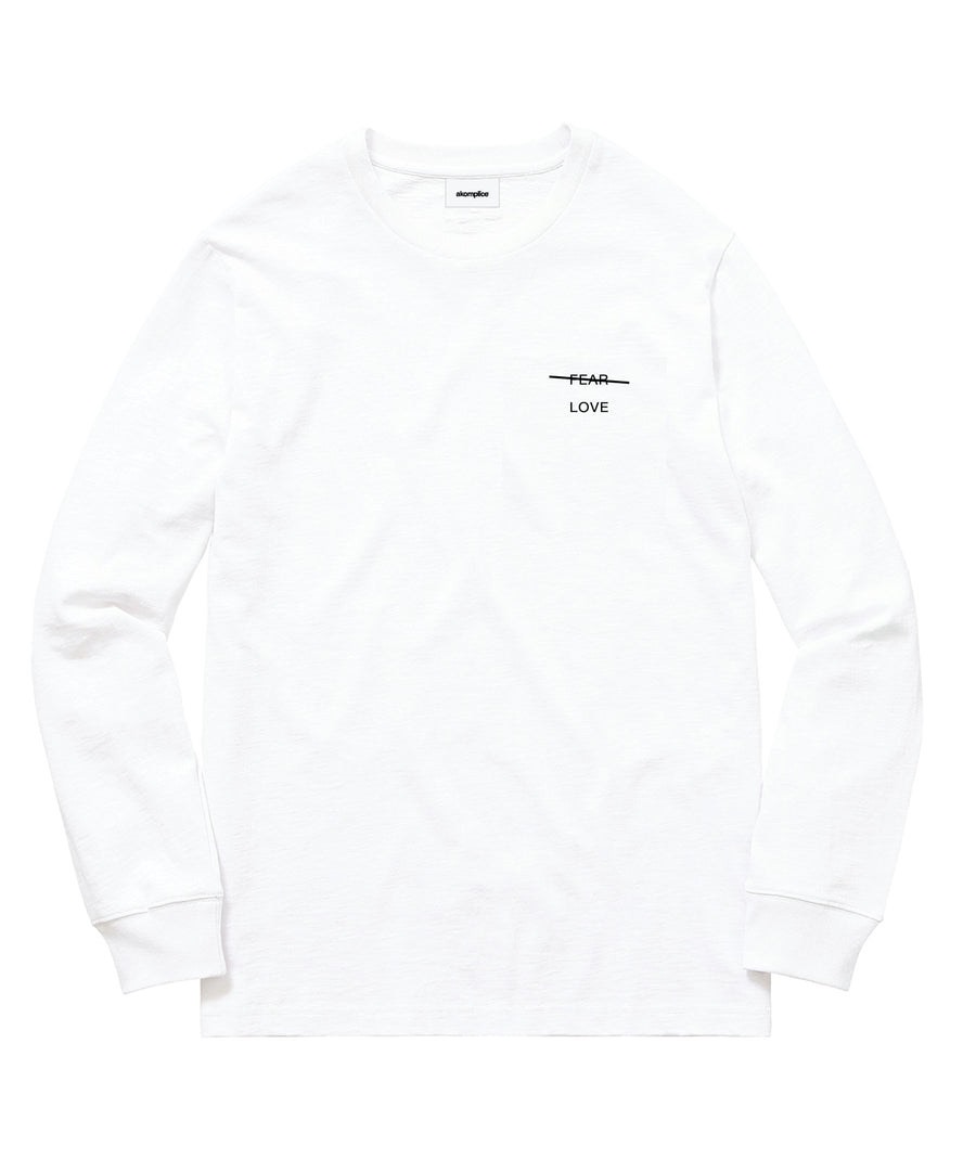 White sweatshirt with black text on a white background